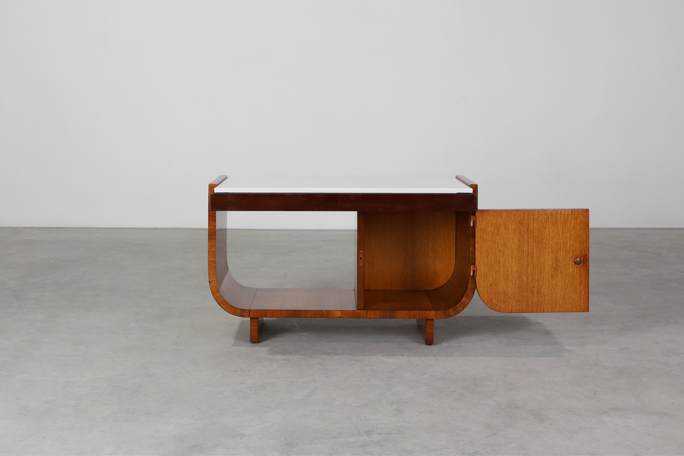 Belgian Art Deco Cabinet in Burl Veneer with Marble and Glass, circa 1930thumbnail